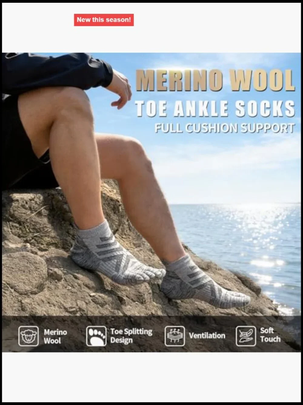 Merino Wool Toe Socks - 3 Pairs - Thick Cushion Hiking Running with Arch Support